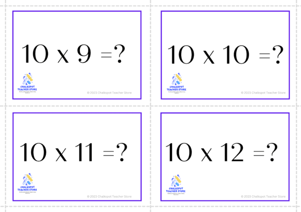 multiplication flashcards with missing factors & products